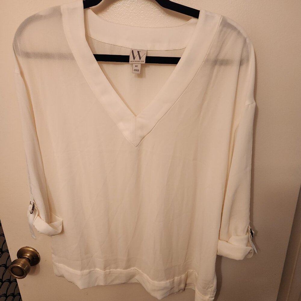 Women's Sheer White V-Neck Blouse by Worthington - Size Medium Tall